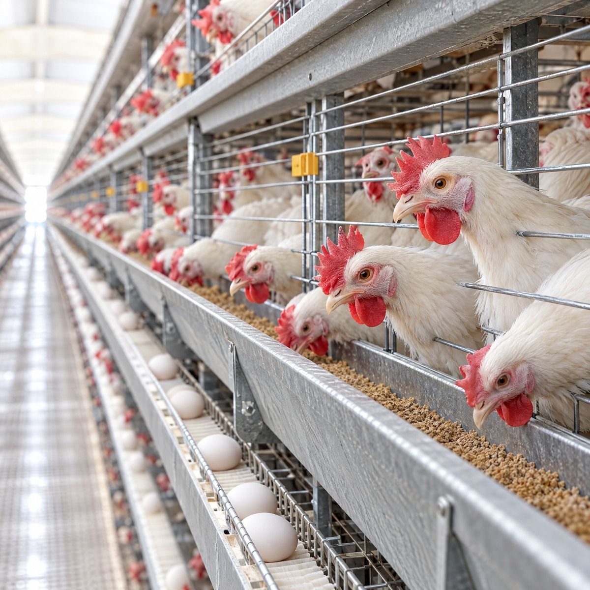Aves brancas no galpão, com ovos brancos na esteira
