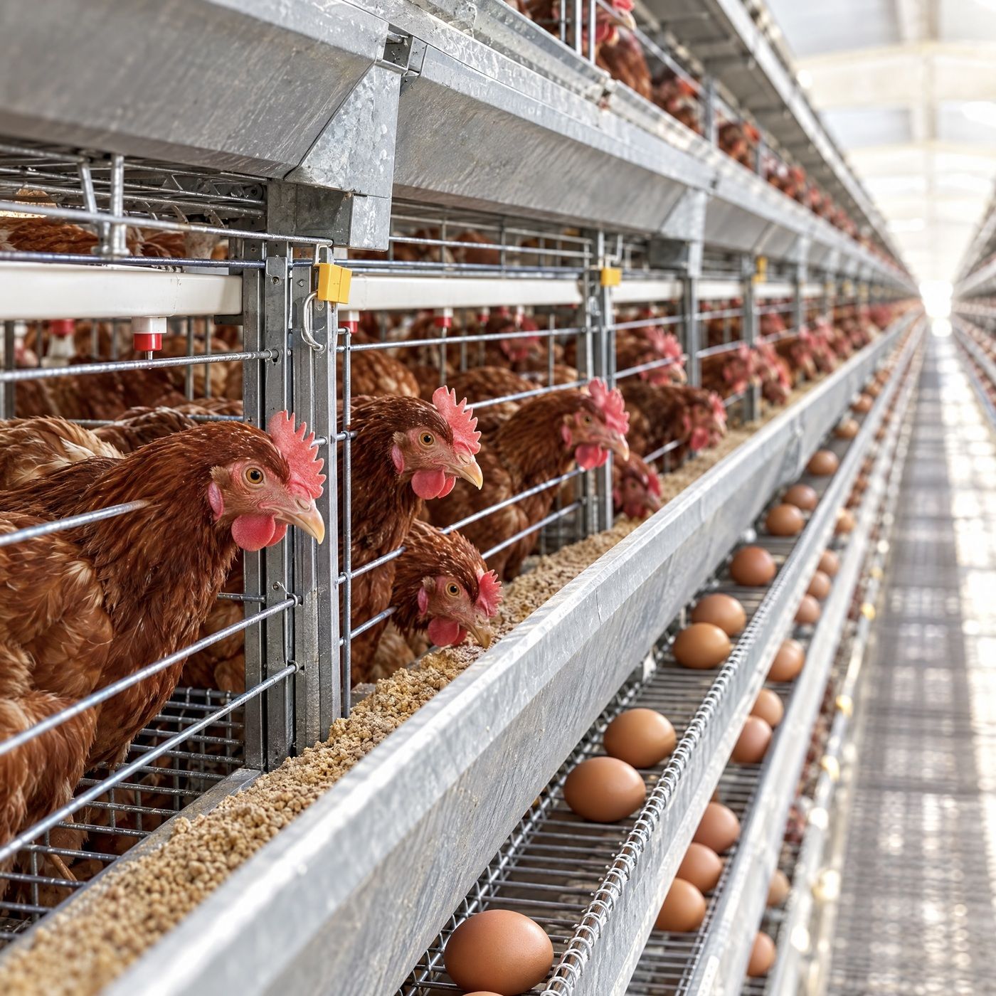 Corredor de um galpão da granja com aves vermelhas dos dois lados